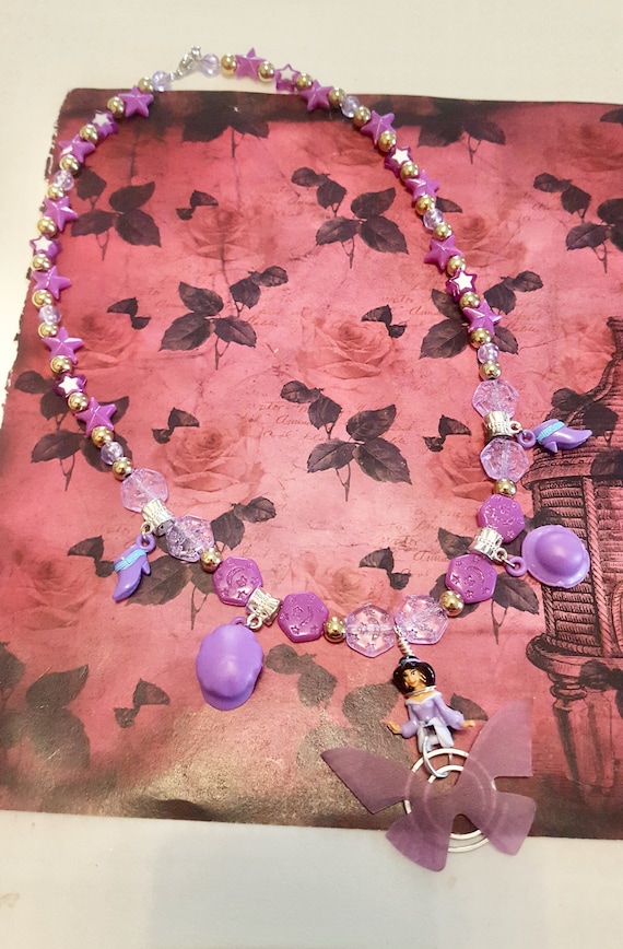 Vintage Polly Pocket Jasmine from Aladdin Butterfly Pendant Purple Beaded Necklace by Lauren Jay Designs