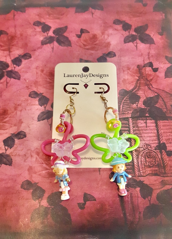 Polly Pocket Butterfly Hanger Doll Beaded Dangle Earrings by Lauren Jay Designs