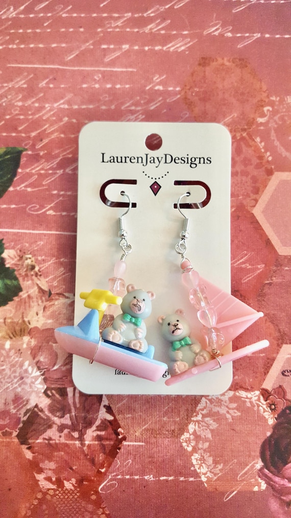 90's Teddy's Wonderland Jet Ski and Windsurfer Pink Heart Beaded Dangle Earrings by Lauren Jay Designs
