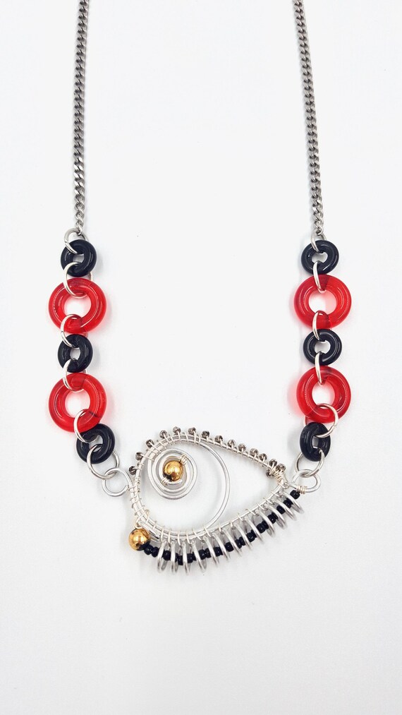 Wire Wrapped Fish Pendant Red & Black Donut Beaded Chain Necklace by Lauren Jay Designs
