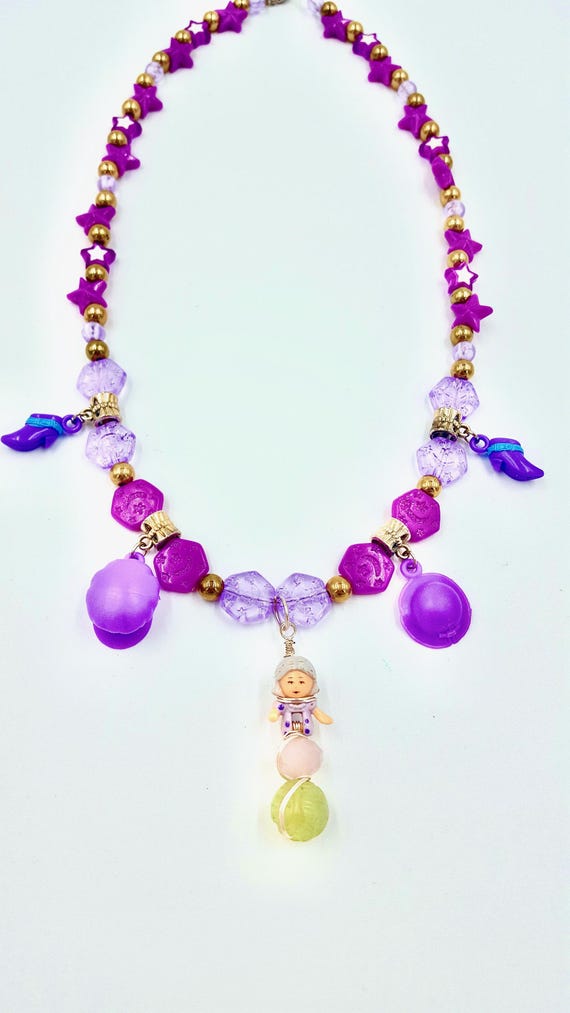 Polly Pocket Granny Rose Doll, Fashion Hats and Shoes Pendant Purple Star Beaded Necklace by Lauren Jay Designs