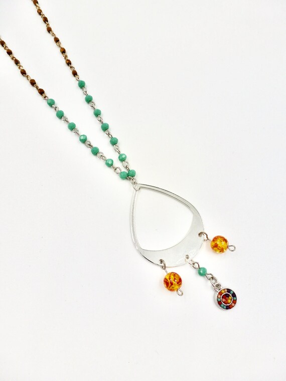 Yellow and Red Beaded Silver Teardrop Pendant Teal and Gold Beaded Chain Necklace by Lauren Jay Designs