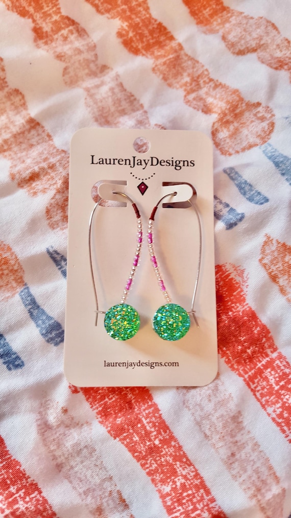 Green Druzy Pink Beaded Long Hook Dangle Earrings by Lauren Jay Designs