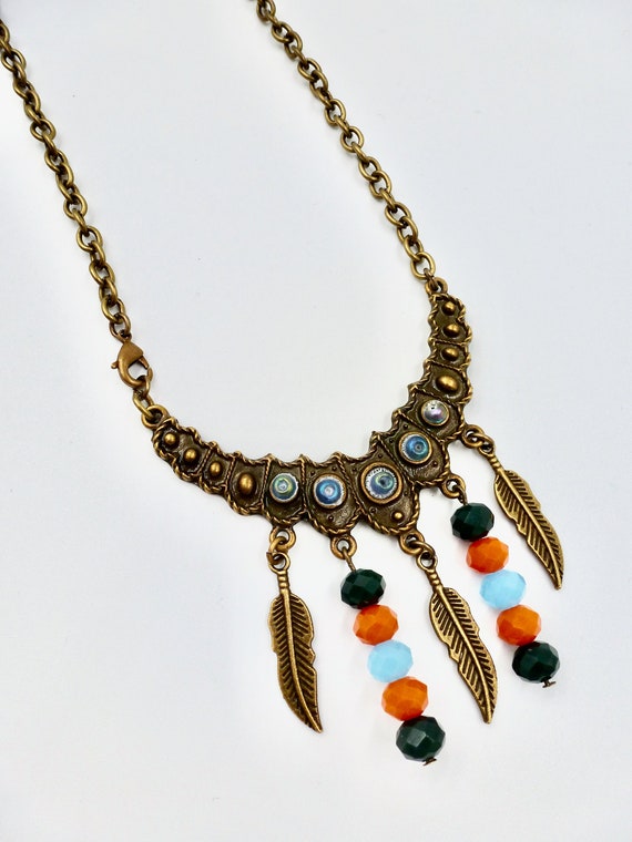 Copper Feather and Blue Orange Beaded Crown Pendant Copper Chain Necklace by Lauren Jay Designs
