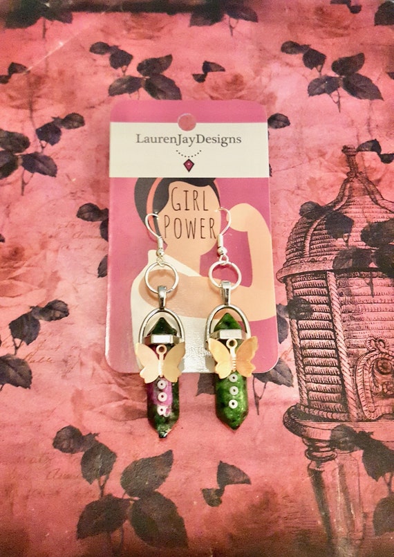 Butterfly Green Healing Chakra Quartz Crystal Stone Beaded Pendant Dangle Earrings by Lauren Jay Designs