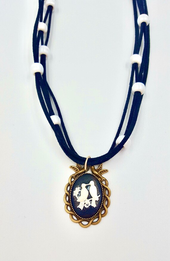Black and White Dove Love Birds Cameo Pendant Suede Multi-Strand Beaded Cord Necklace by Lauren Jay Designs