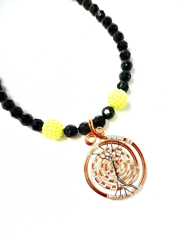 Tree of Life / Evil Eye Pendant Green and Black Beaded Necklace by Lauren Jay Designs