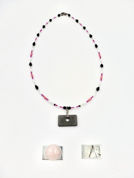 Rose Quartz and Crystal Quartz with Tourmaline Pendant Beaded Necklace by Lauren Jay Designs