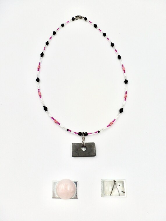 Rose Quartz and Crystal Quartz with Tourmaline Pendant Beaded Necklace by Lauren Jay Designs