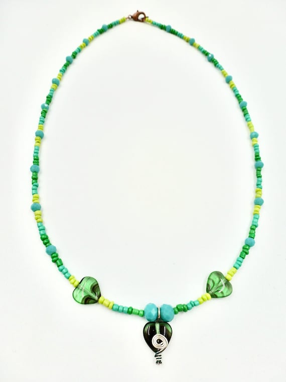 Valentine's Day Green Czech Glass Heart Pendant Green Beaded Necklace by Lauren Jay Designs