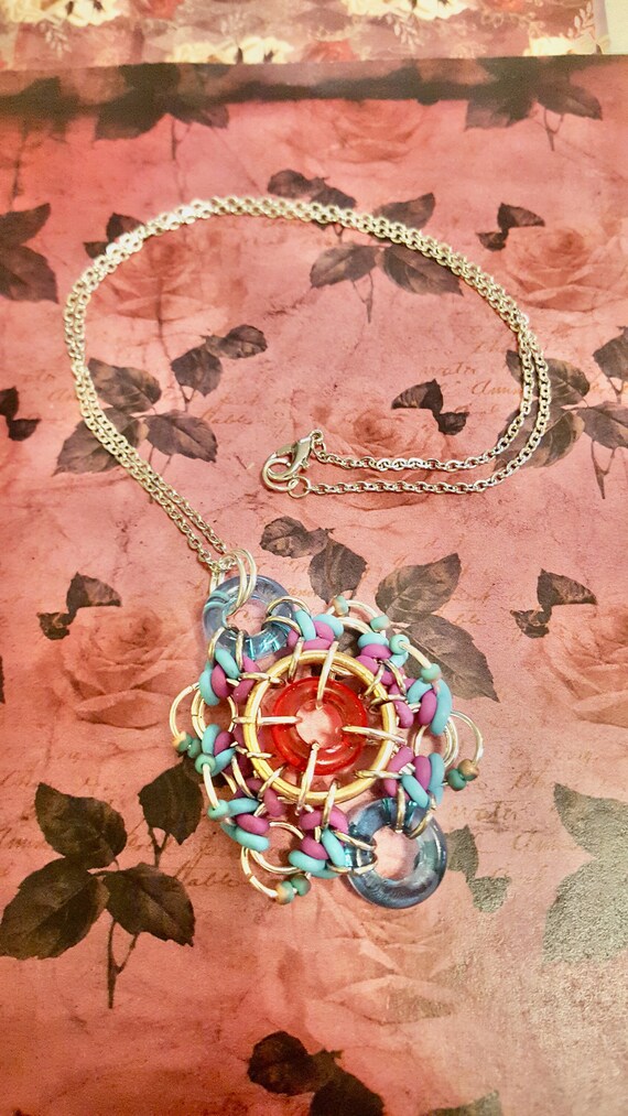 Red, Purple and Teal Chainmail Beaded Pendant Silver Chain Necklace by Lauren Jay Designs