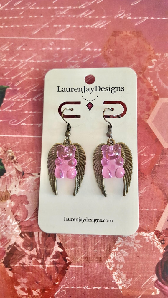 Halloween Gummy Bear Pink, Blue, and Purple Resin Antique Gold Coloured Fairy Winged Dangle Earrings by Lauren Jay Designs