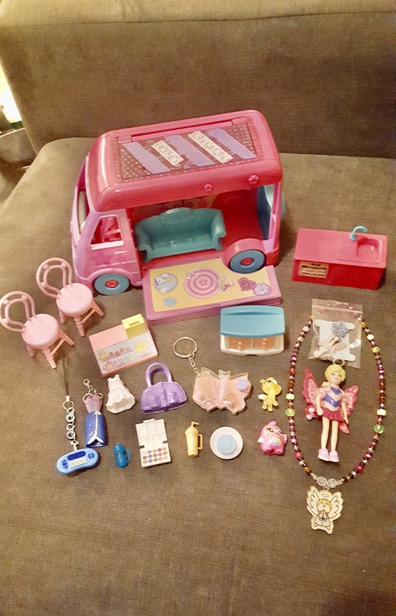 Polly Pocket Purple Camper Van with Fairy Angel Accessories and Furniture