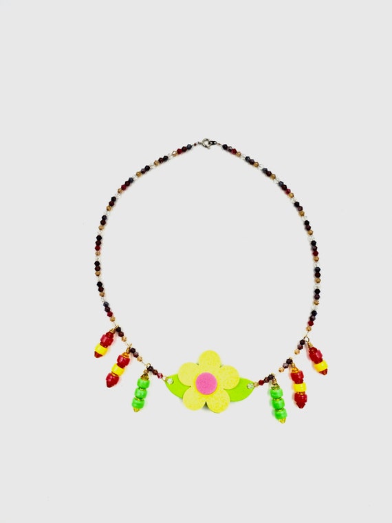 Hawaiian Tropical Yellow Flower Pendant Colourful Beaded Necklace by Lauren Jay Designs