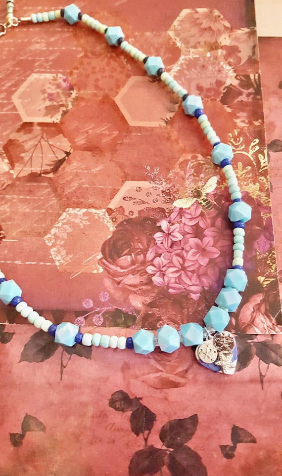 Starfish Beach Charm Silver Heart Pendant Blue Beaded Necklace by Lauren Jay Designs