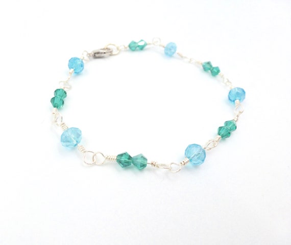 Teal and Blue Beaded Wire Wrapped Linked Bracelet by Lauren Jay Designs