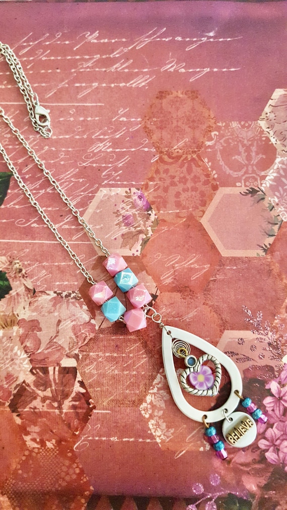 Believe Heart Silver Teardrop Pendant Flower, Star and Butterfly Beaded Silver Chain Necklace by Lauren Jay Designs