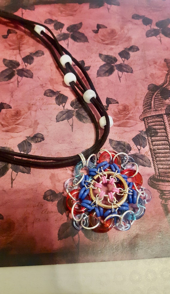 Chainmail Flower Pendant Suede Multi-Strand Cord Necklace by Lauren Jay Designs