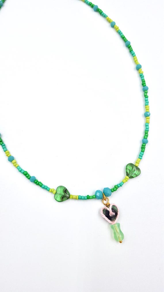 Valentine's Day Green Czech Glass Pink Heart in a Vase Pendant Green and Blue Beaded Necklace by Lauren Jay Designs
