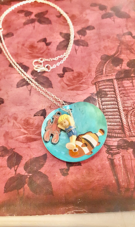 1993 Polly Pocket Swimmer Doll Under The Sea Fish and Lobster Blue Shell Pendant Chain Necklace by Lauren Jay Designs