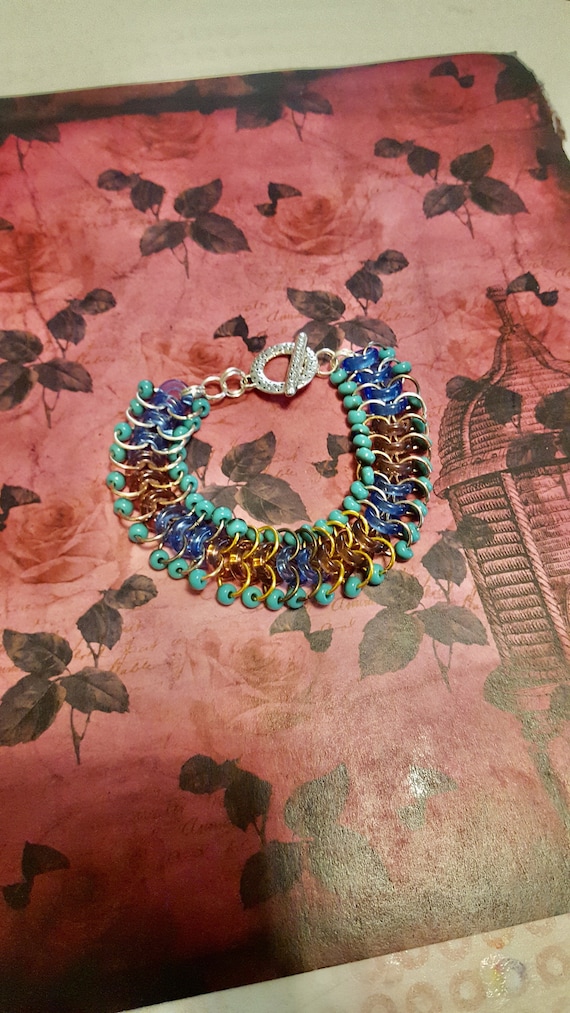 Blue and Purple Beaded Chainmail Bracelet by Lauren Jay Designs