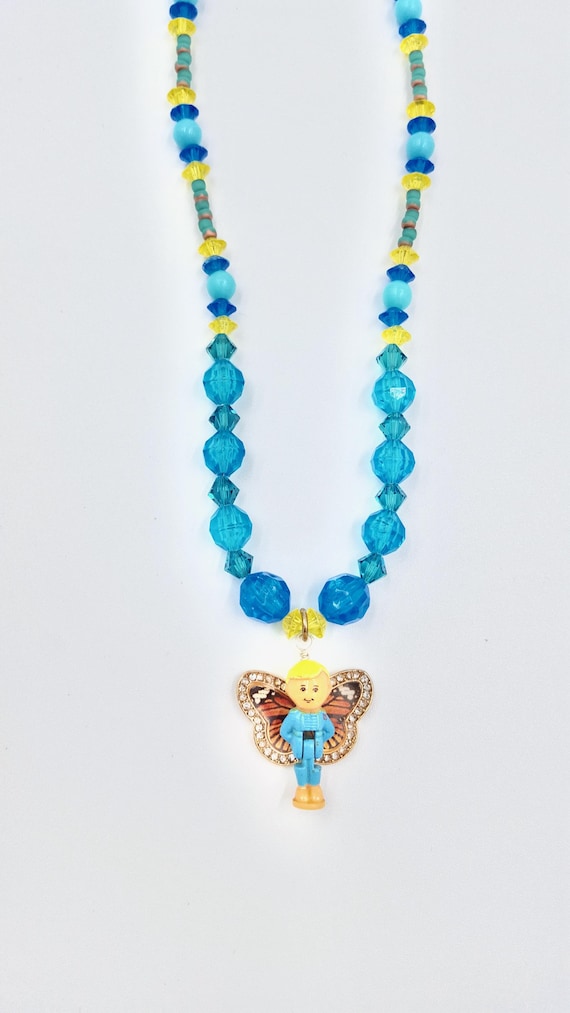1997 Polly Pocket Charming Prince Doll Pendant Necklace, Blue/Black/Gold Beaded, Fairy Wings (20 inch)