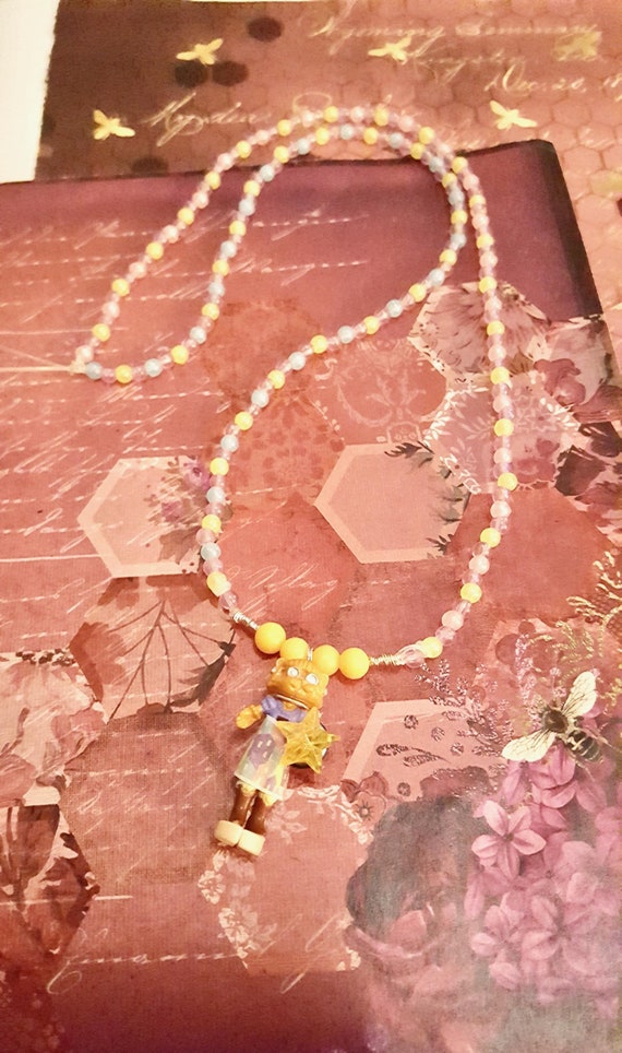 1994 Polly Pocket Kami Kitty Doll Star Pendant Purple, Yellow, Blue and Pink Beaded Necklace by Lauren Jay Designs