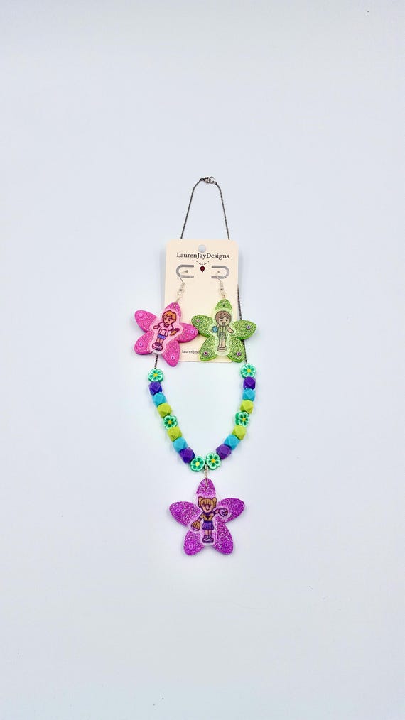 Polly Pocket Sparkle Flower Dangle Earrings and Beaded Chain Necklace Jewellery Set by Lauren Jay Designs
