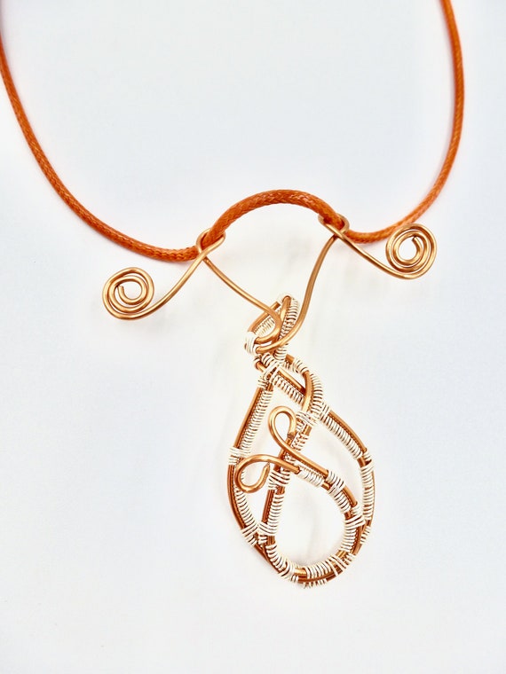 Copper and Silver Wire Wrapped Spiral Loop Pendant Orange Cord Necklaces by Lauren Jay Designs