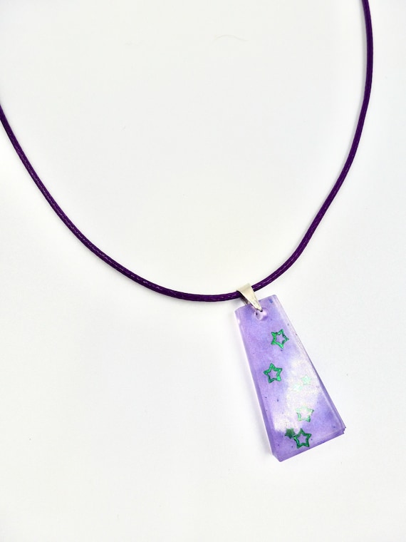 Purple Resin Green Star Sparkle Rectangle Pendant Purple Cord Necklace by Lauren Jay Designs