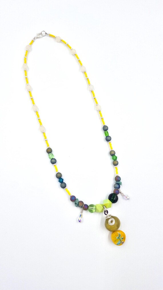 Crystal Green and Blue Stone Pendant Yellow and Brown Beaded Necklaces by Lauren Jay Designs