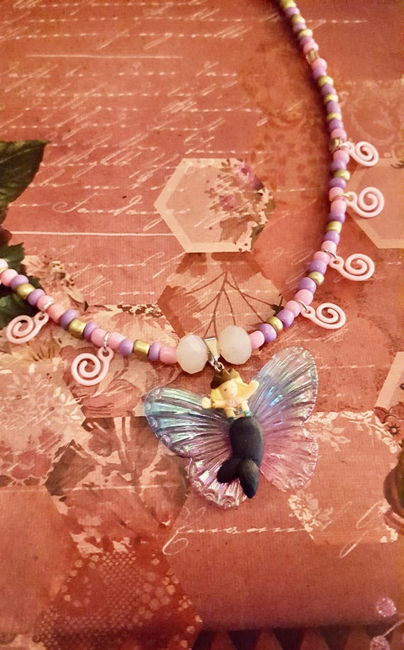 1995 Polly Pocket Fairy Mermaid Princess Pendant Spiral Purple and Pink Beaded Necklace by Lauren Jay Designs