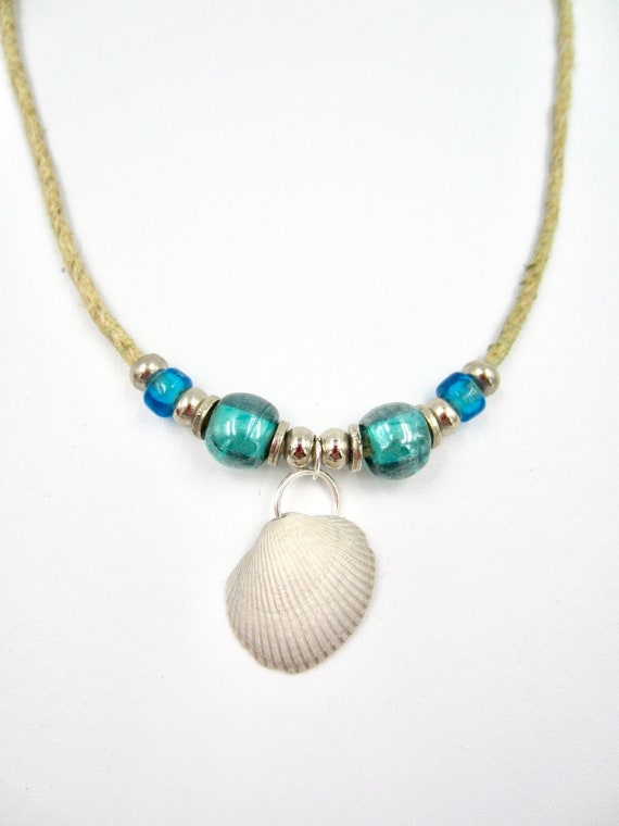 Real Seashell Beach Pendant Teal and Blue Beaded Tan Cord Necklace by Lauren Jay Designs