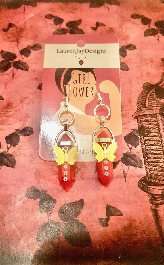 Butterfly Red Healing Chakra Quartz Crystal Stone Beaded Pendant Dangle Earrings by Lauren Jay Designs