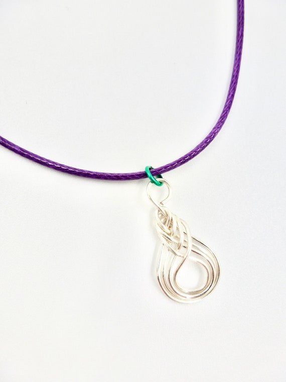 Silver and Green Pipa Knot Wire Wrapped Pendant Purple Cord Necklaces by Lauren Jay Designs