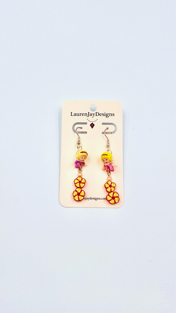 Polly Pocket Pink Doll Red and Yellow Flower Dangle Earrings by Lauren Jay Designs