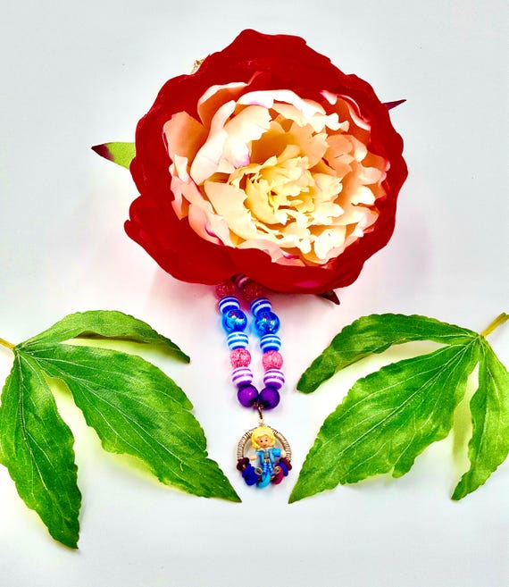 1992 Polly Pocket Doll Hoop Pendant Purple, Pink and Blue Beaded Chain Necklace by Lauren Jay Designs