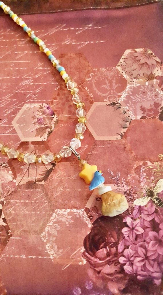 Vintage Trendmasters Blue Bird on a Rock Star Pendant White, Orange and Blue Beaded Necklace by Lauren Jay Designs