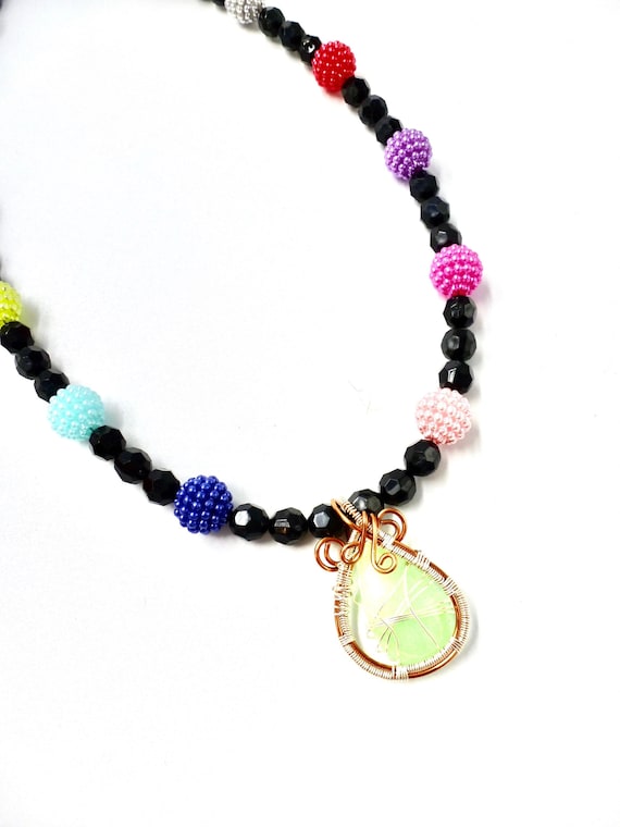 Rave Lime Green Rhinestone Pendant Rainbow and Black Beaded Necklace by Lauren Jay Designs