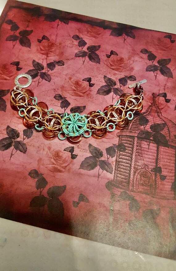 Teal and Purple Floral Pendant Beaded Chainmail Bracelet by Lauren Jay Designs