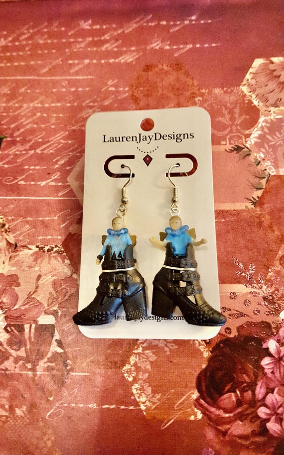 Shoe Fairies Black High Heel Shoes Miniature Fairy Dolls Beaded Dangle Earrings by Lauren Jay Designs