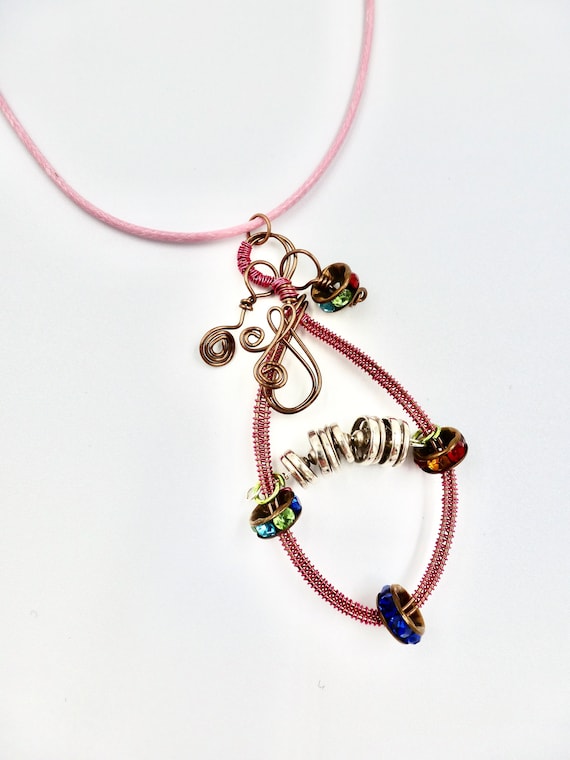 Pink and Copper Wire Wrapped Rhinestone Beaded Hoop Pendant Pink Cord Necklace by Lauren Jay Designs