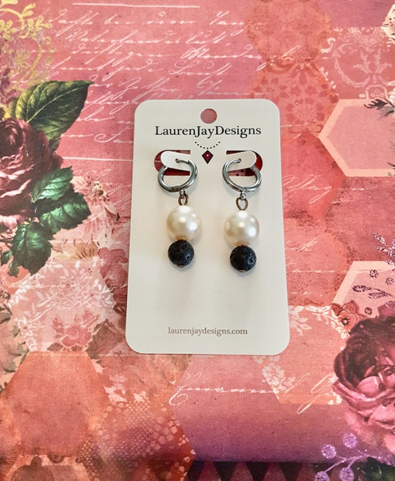 White Faux Pearl and Black Lava Stone Hoop Dangle Earrings by Lauren Jay Designs