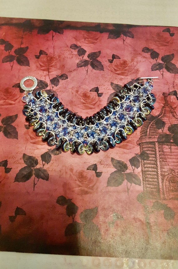 Blue, Teal and Black Beaded Chainmail Bracelet by Lauren Jay Designs