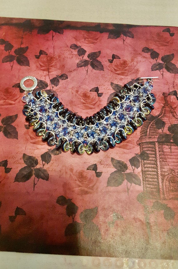 Blue, Teal and Black Beaded Chain Mail Bracelet by Lauren Jay Designs