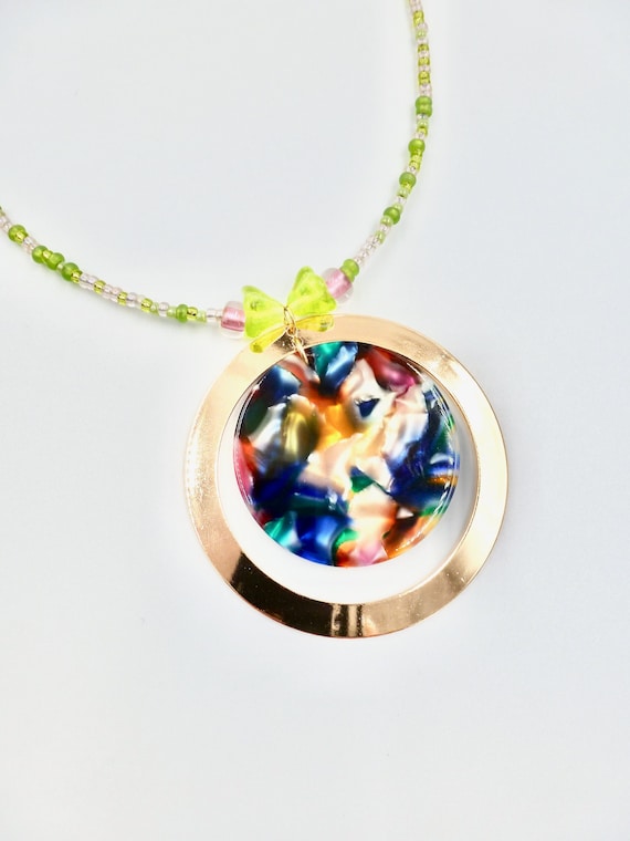 Rainbow Marbled Gold Ring Pendant Green and Pink Beaded Necklace by Lauren Jay Designs