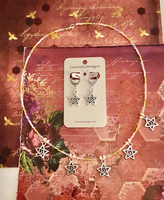 Silver Spiral Star Pendant Pink, Gold and Clear Beaded Necklace and Earrings Jewellery Set by Lauren Jay Designs