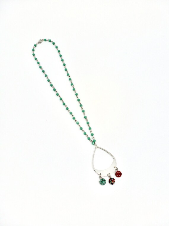 Silver Beaded Pendant Teal Beaded Chain Necklace