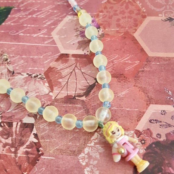 1997 Polly Pocket Up, Up and Away Doll Pendant Pink, Blue and White Beaded Necklace by Lauren Jay Designs
