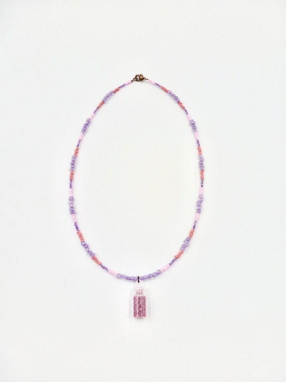 Pink Fairy Dust in a Bottle Pendant Beaded Necklace by Lauren Jay Designs
